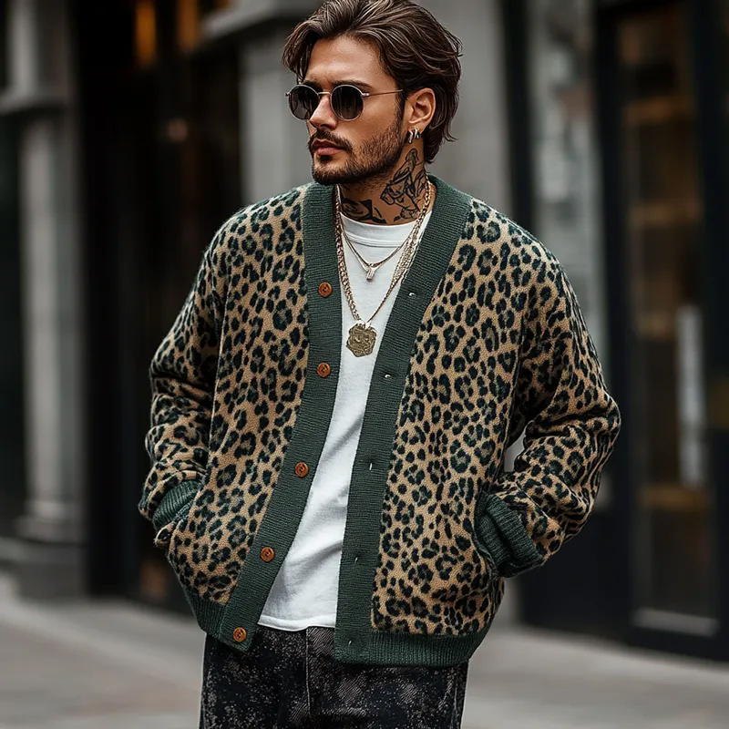 Jacquard Knit Leopard Print Cardigan