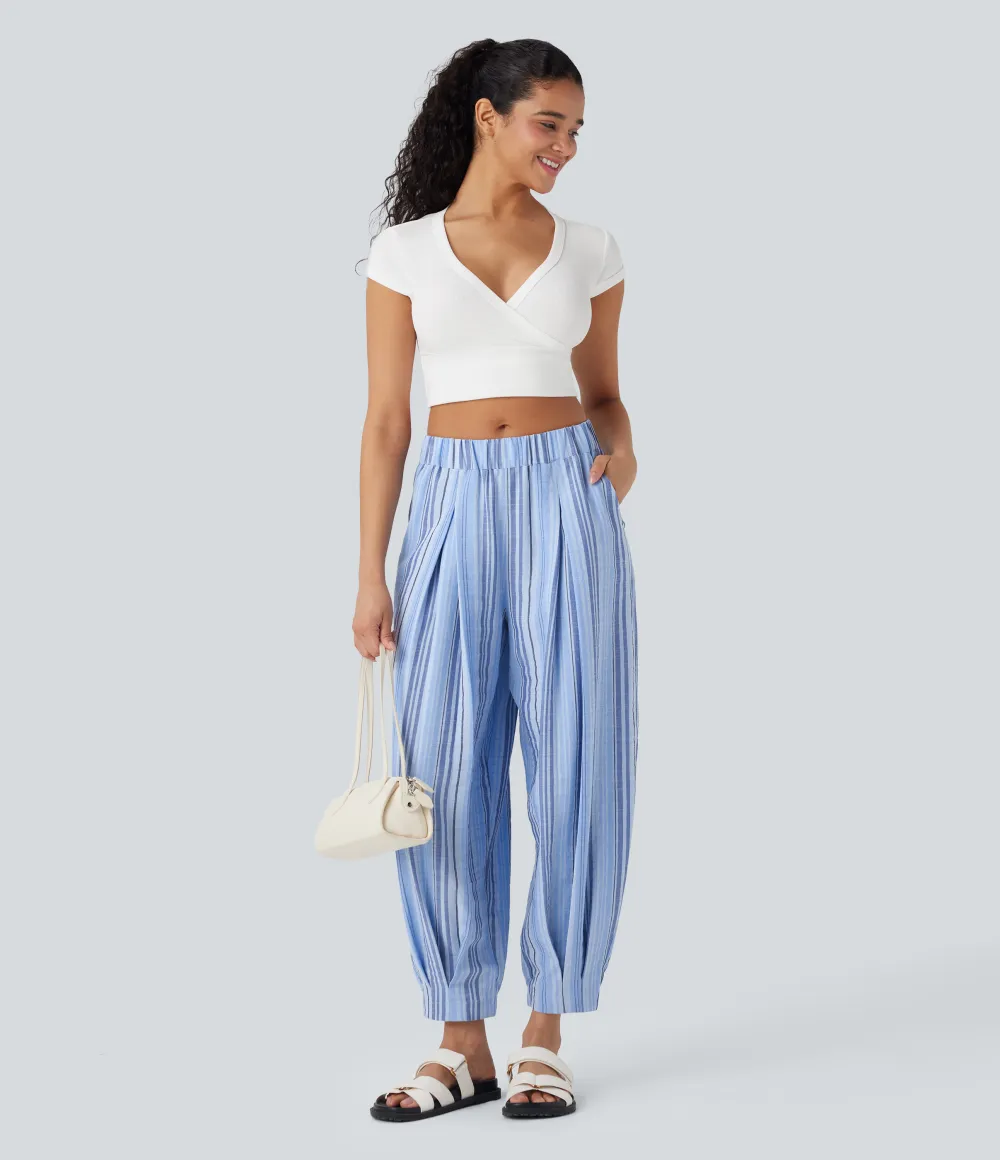 Mid Rise Stripe Casual Linen-Feel Joggers with Pockets