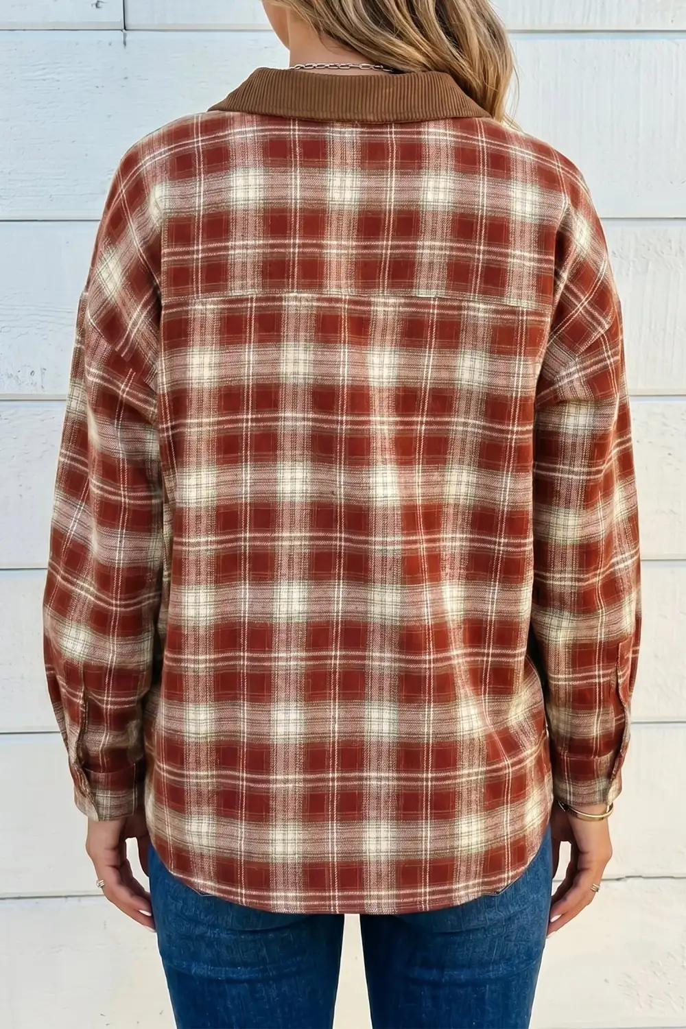 Women's Plaid Long Sleeve Contrast Detail Blouse