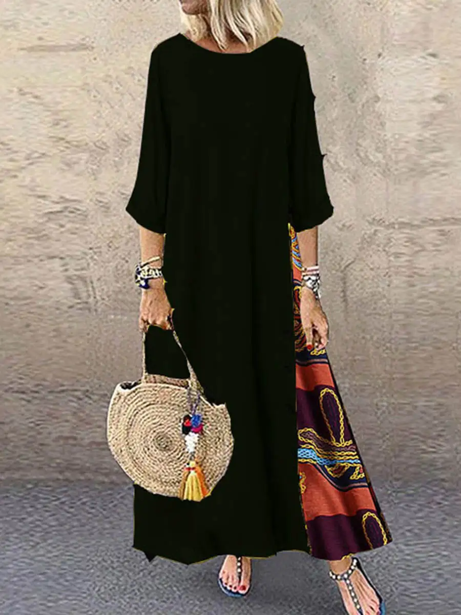 Printed Buttoned Neck Midi Dress