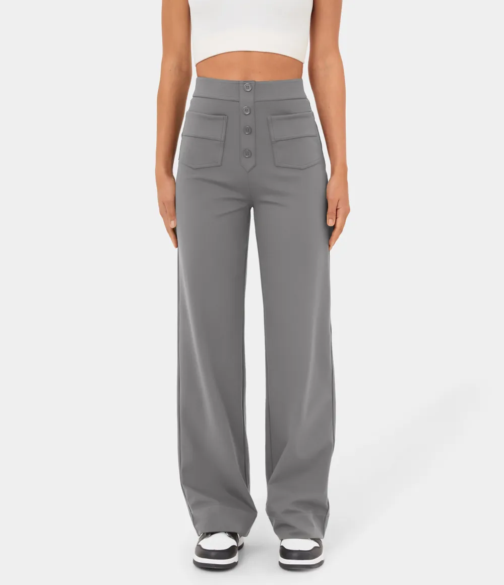 High Waisted Button Multiple Pockets Straight Leg Casual Pants