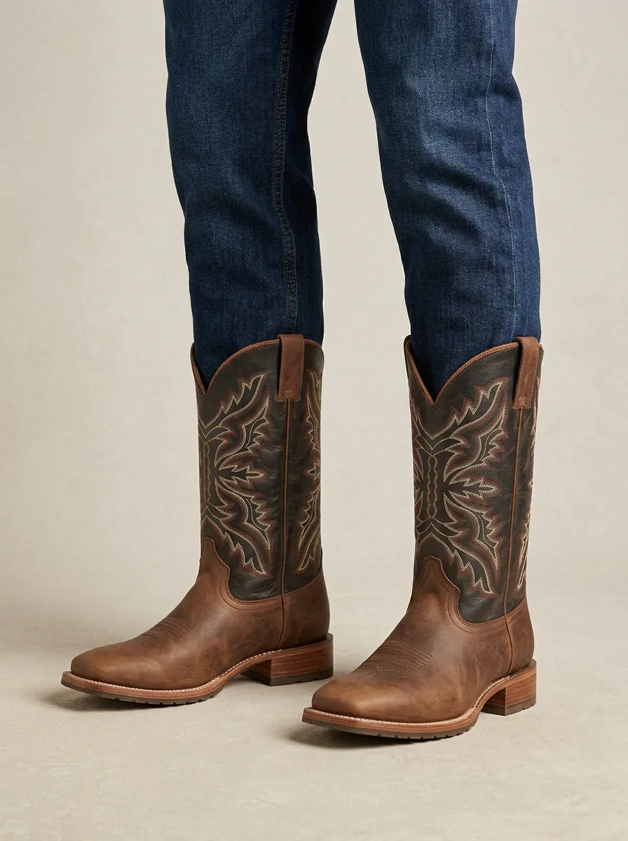 Men's Western Cowboy Embroidered Two-Tone Leather Cowboy Boots