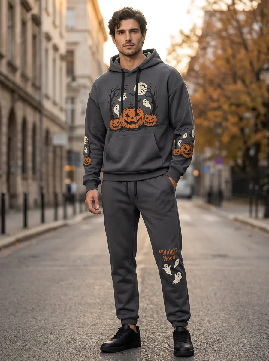 Men's Halloween Ghost Pumpkin Midnight Mood Printed Tracksuit