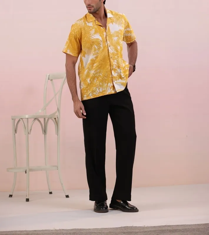 Yellow Jungle Mulmul Cotton Camp Collar Shirt