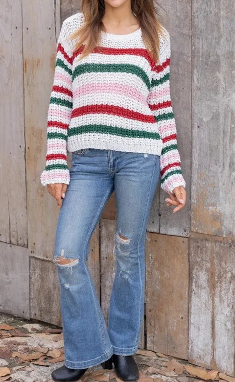Red Green Striped Holiday Crew Neck Sweater