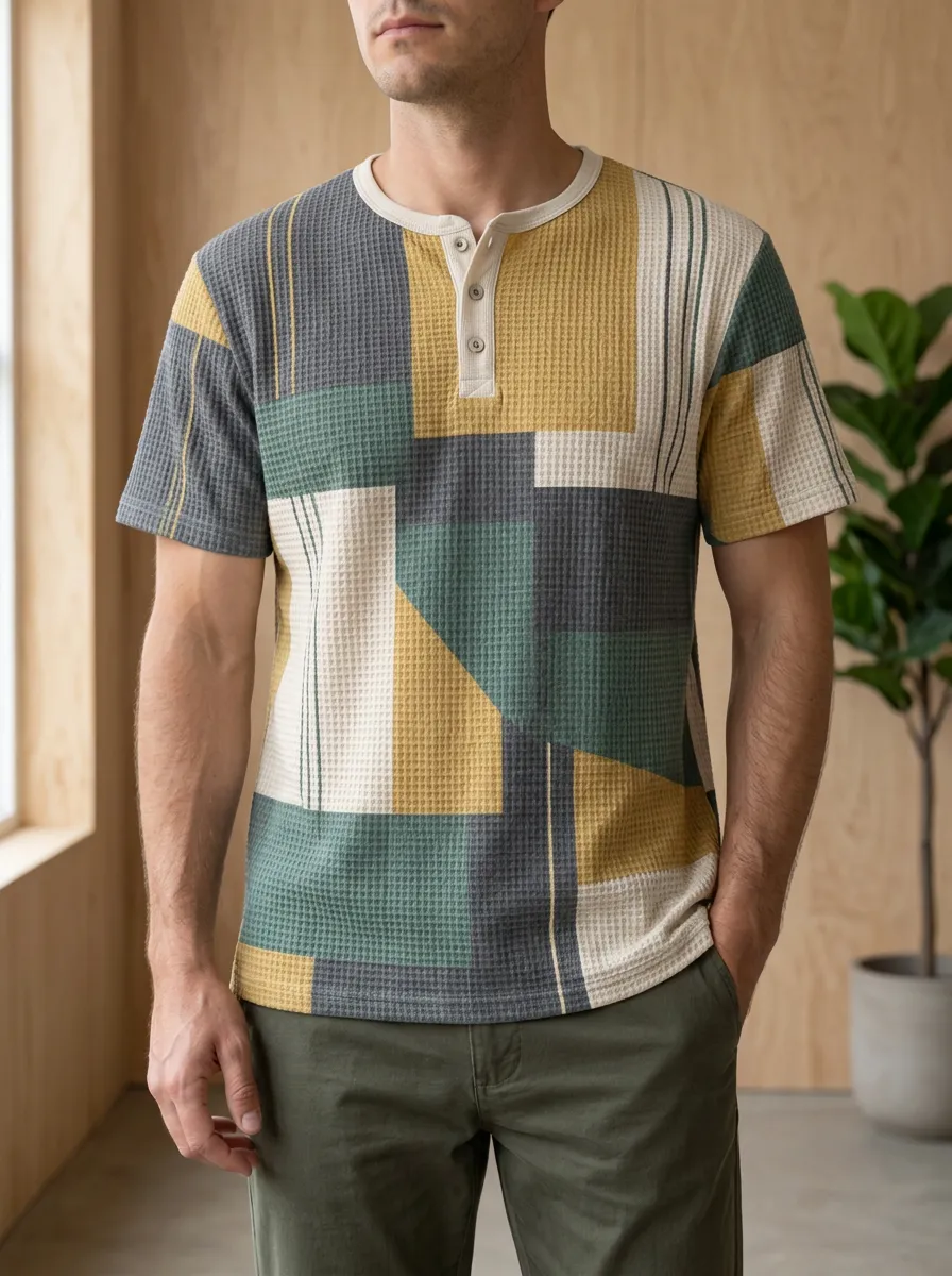 Men's Refined Geometric Colorblock Waffle Knit Henley T-Shirt