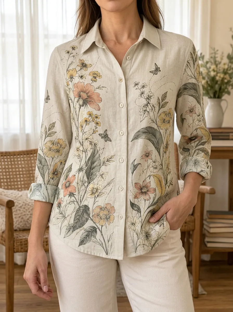 Women's Wilderness Botanical Nature Lover Floral Butterfly Shirt