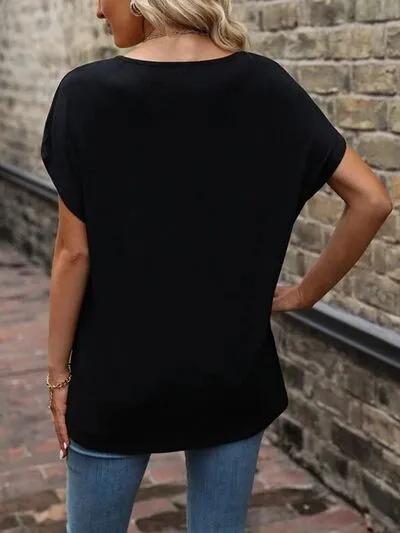 V-Neck Short-Sleeve Lace-Detail Cotton T-Shirt