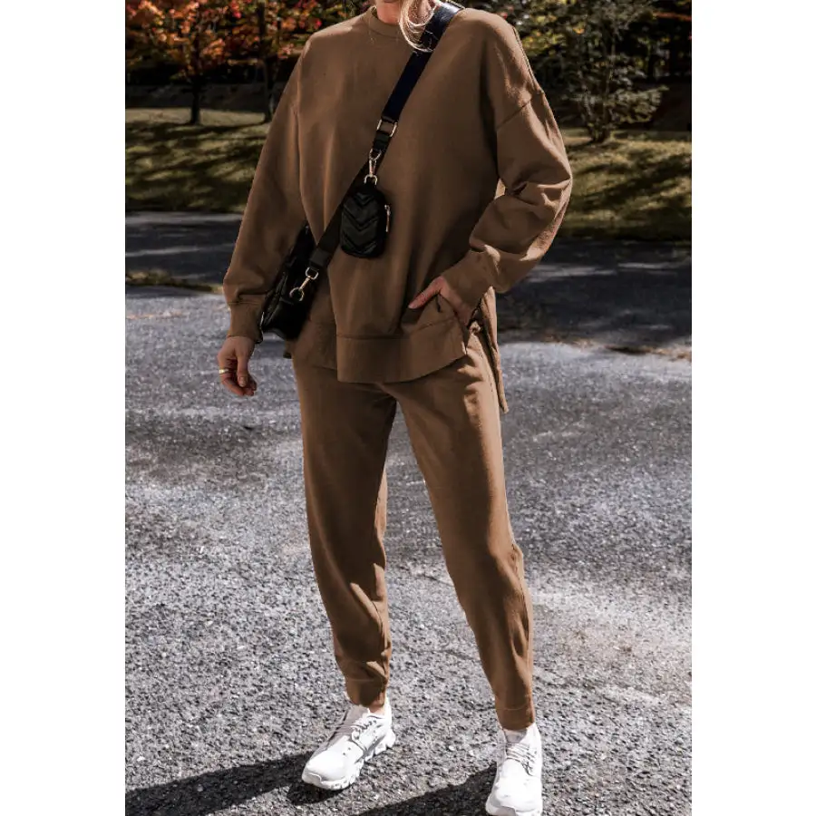 Side Slit Round Neck Long Sleeve Top and Pants Set