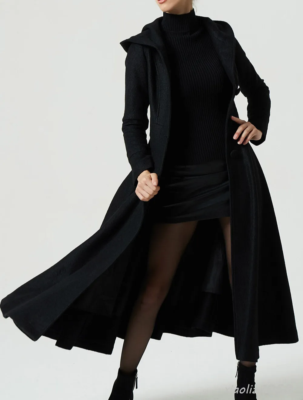 Wool Blend Fit and Flare Hooded Single Breasted Pocketed Long Coat