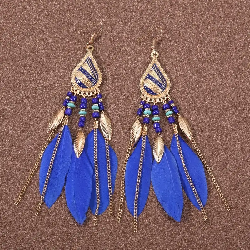 Feather Beaded Tassel Drop Earrings