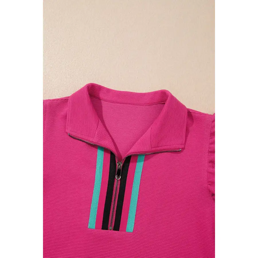 Striped Detail Flutter Sleeve Zipped Collar Top and Short Set