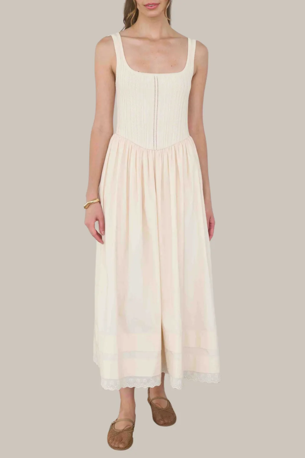 Sleeveless Mixed Media Pointelle Knit Midi Dress