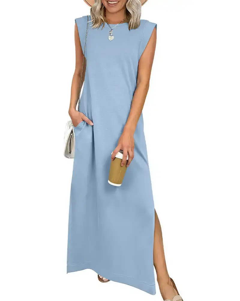 Casual Sleeveless Split Maxi Dress With Pockets