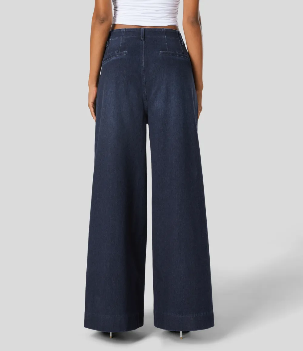 Magic High Waisted Front Pockets Washed Stretchy Knit Casual Wide Leg Jeans