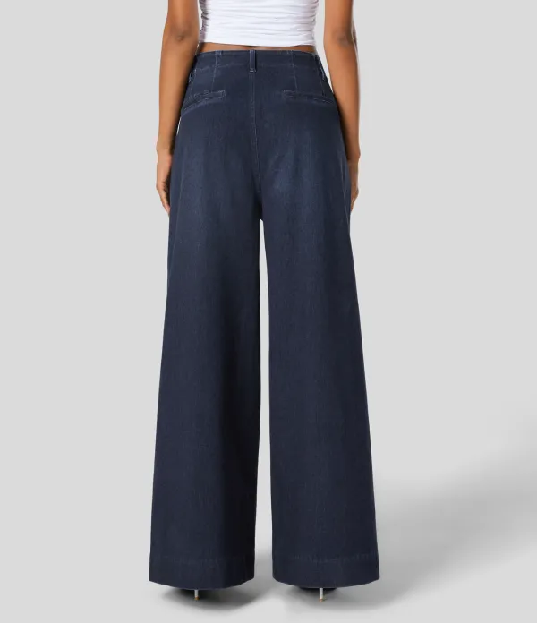 Magic High Waisted Front Pockets Washed Stretchy Knit Casual Wide Leg Jeans
