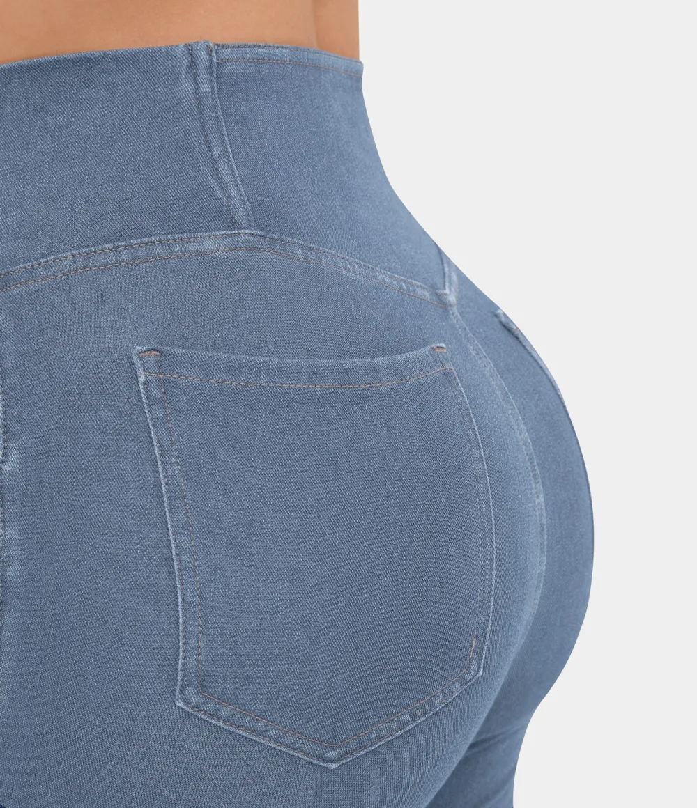 Magic High Waisted Crossover Pocket Cool Touch Washed Stretchy Knit Casual Super Flare Jeans