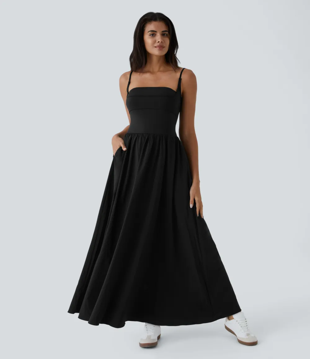 Breezeful Backless Side Pocket Plicated Flowy Flare Maxi Quick Dry Casual Slip Dress
