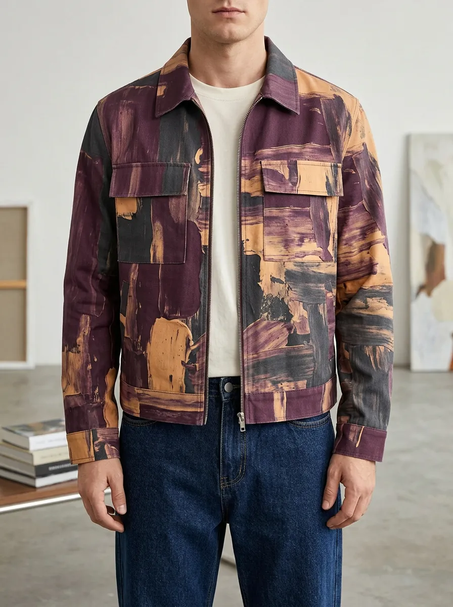 Men's Abstract Oil Painting Print Brushstroke Pattern Printed Jacket