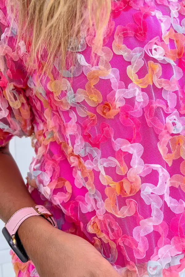 Flowery Mesh Short Puff Sleeve Blouse