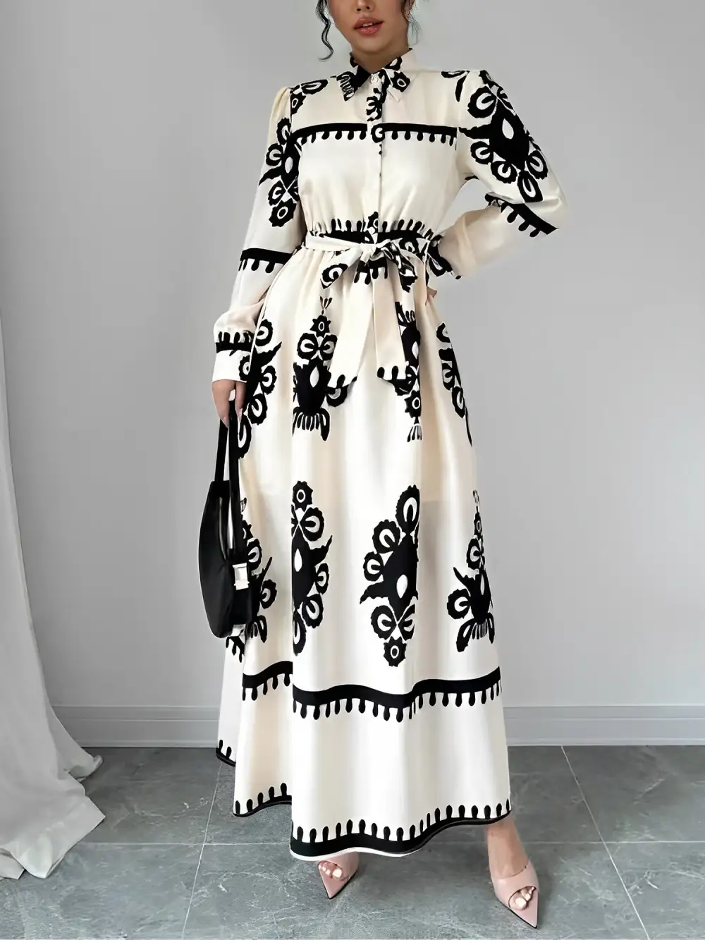 Lantern Long-Sleeve Collar Boho-Print Maxi Dress