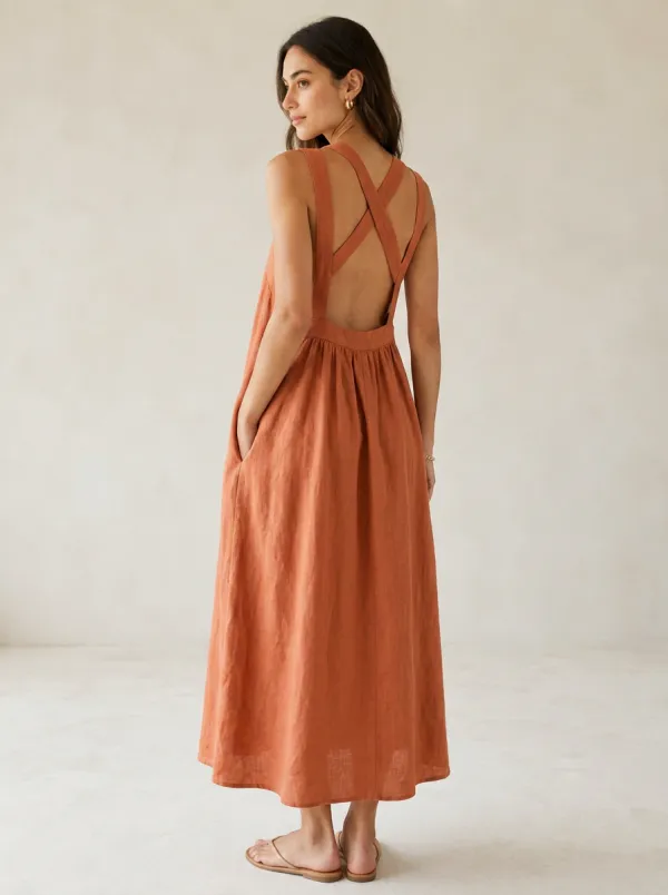 Women's Summer-Ready Casual Cross-Back Linen Backless Dress