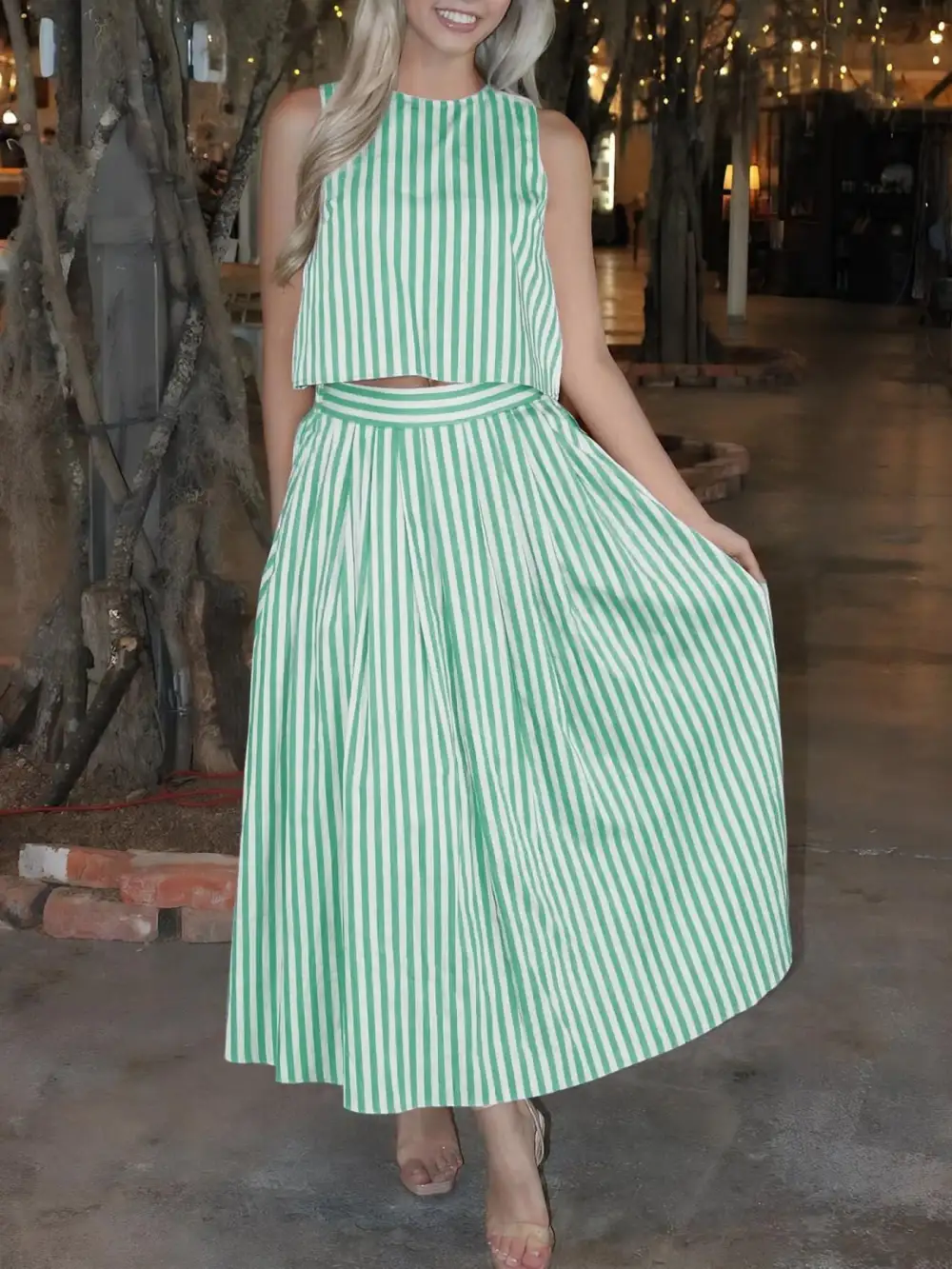 Natural Button Front Sleeveless Detail Coordinated Set