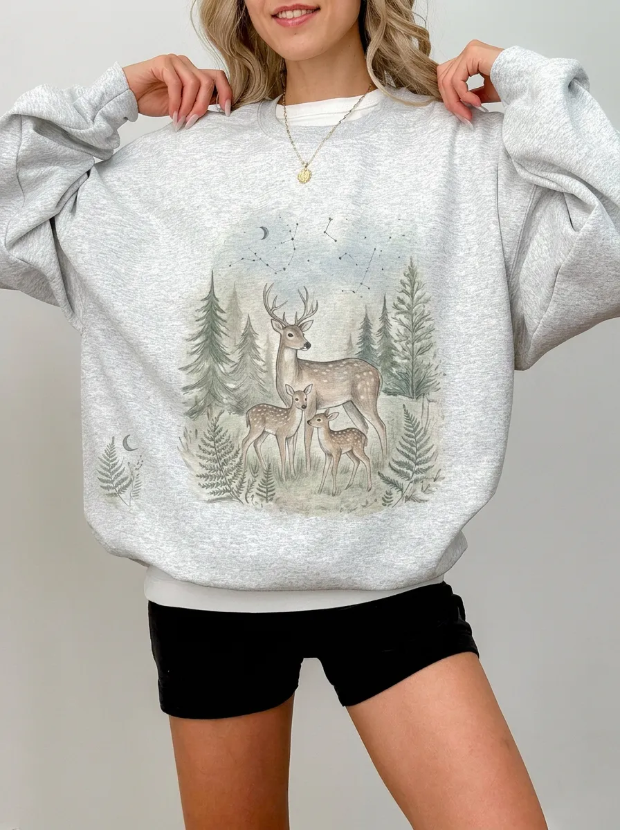 Women's Nature Forest Deer Family Graphic Sweatshirt