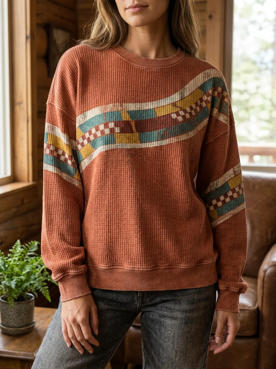 Women's Southwestern Geometric Pattern Printed Waffle Knit Crewneck Sweatshirt