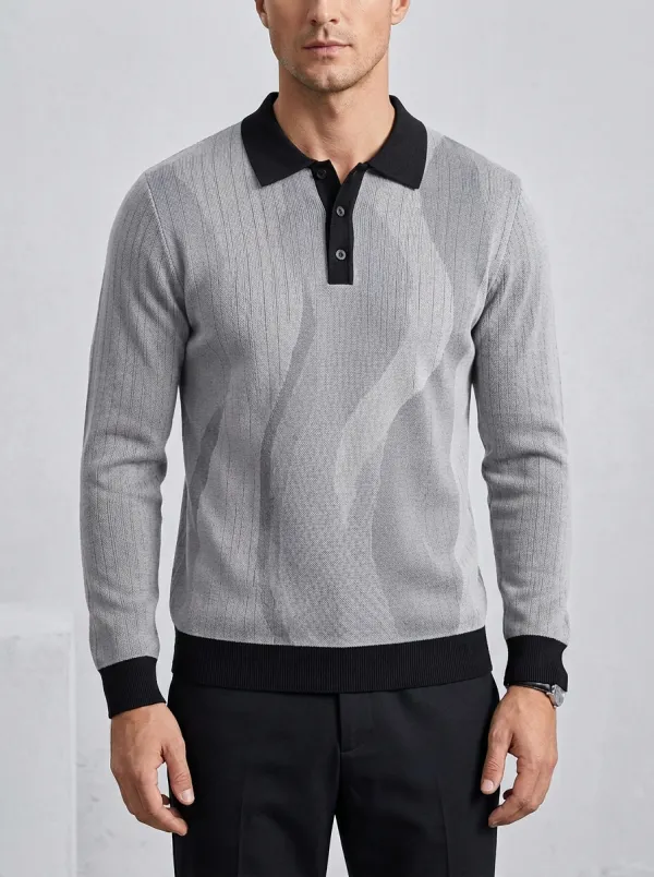 Men's Casual Fashion Abstract Wave Pattern Knitted Long Sleeve Polo Shirt