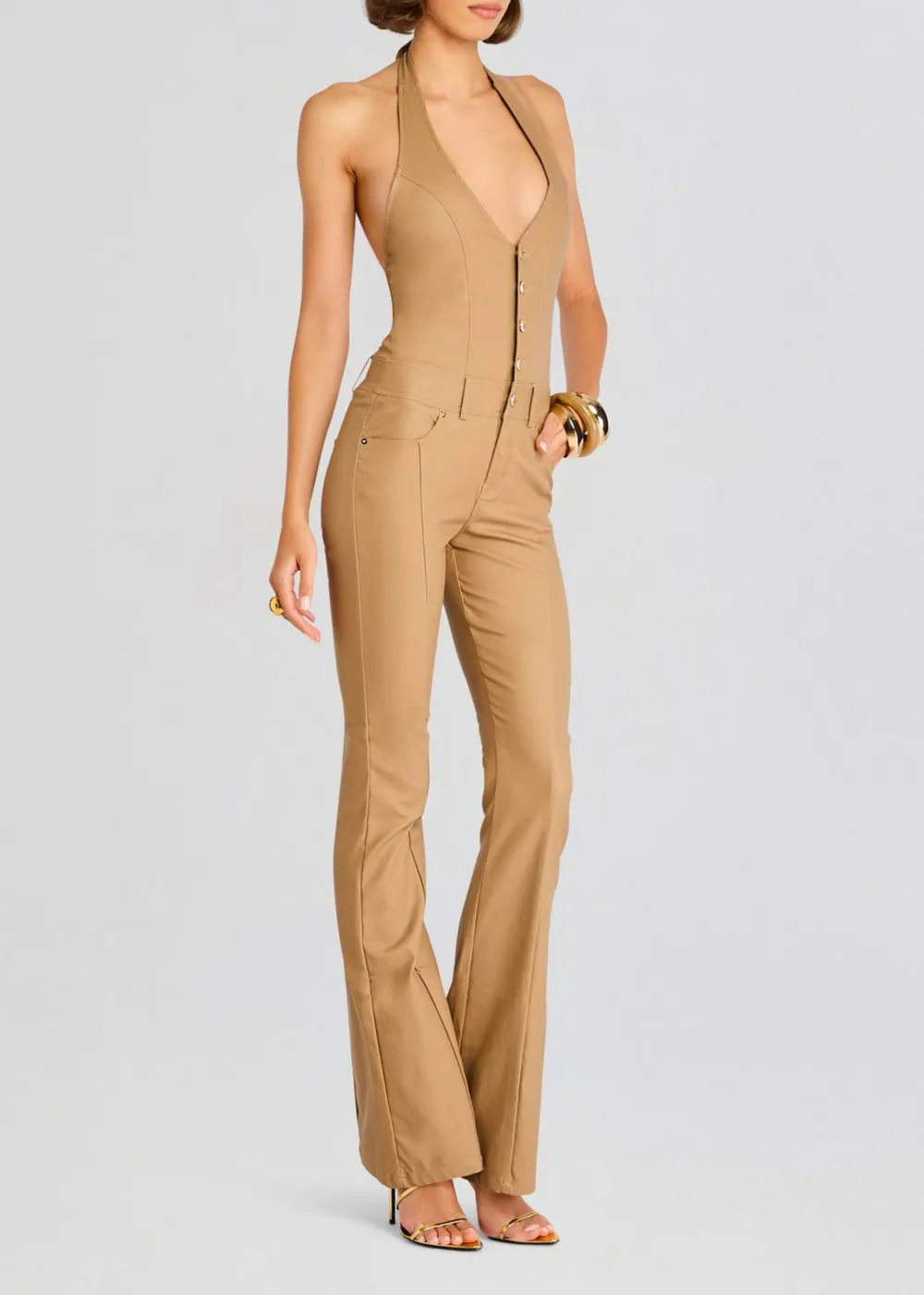 Deep V Neck Coated Denim Jumpsuit