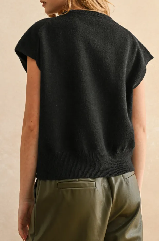 Black Short Sleeve Crew Neck Knit Sweater