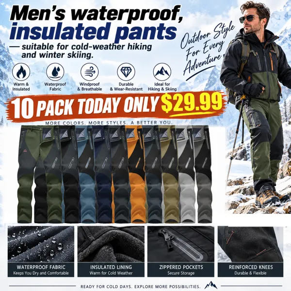 Men's waterproof, insulated pants—suitable for cold-weather hiking and winter skiing.