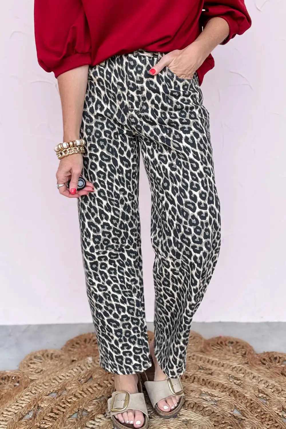 Barrel-Leg Leopard-Print Straight Leg Jeans