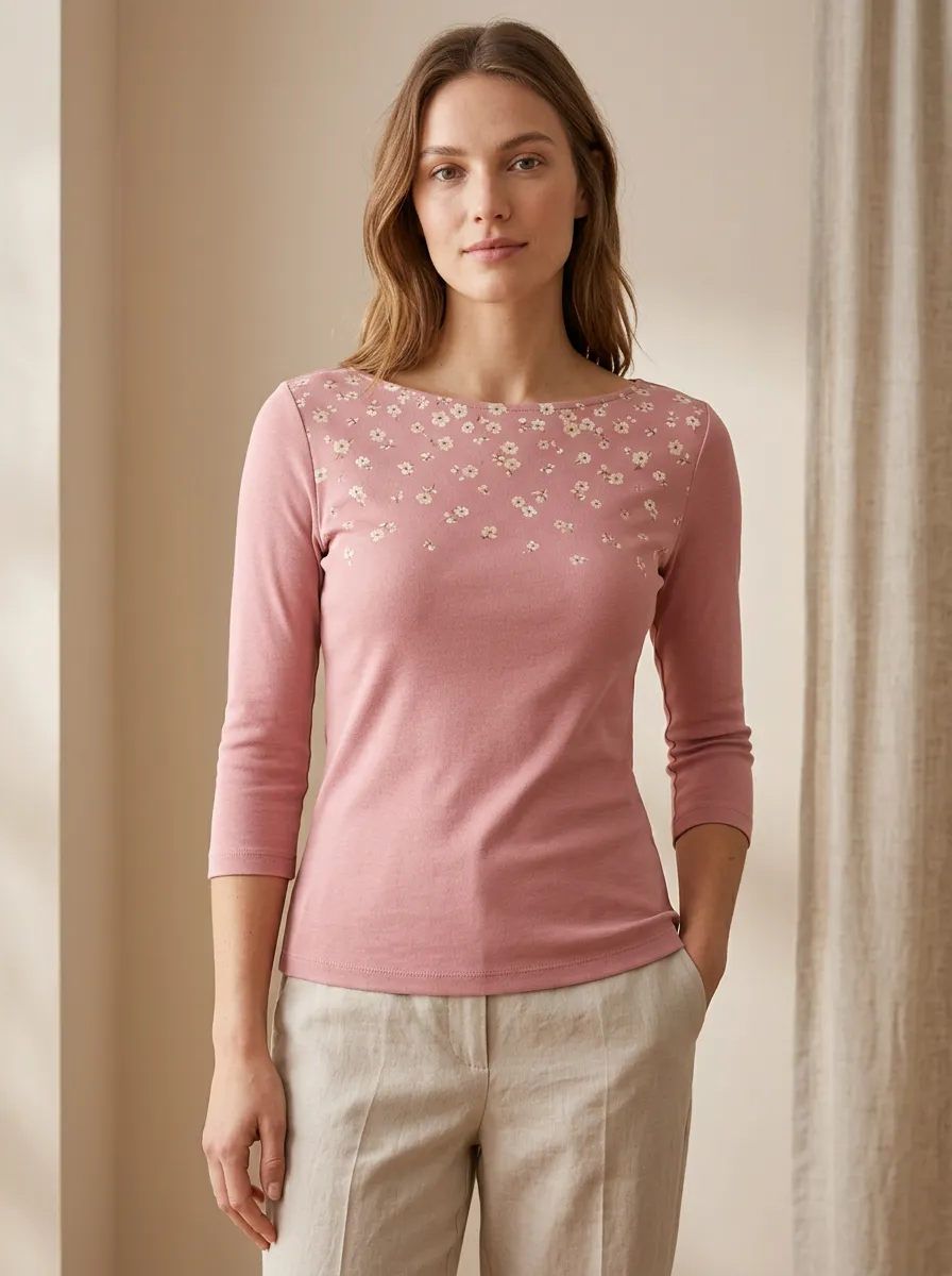 Refined Floral Women's Three-Quarter Sleeve Top