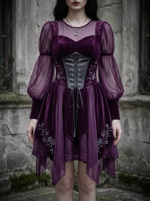 Women's Gothic Moon Floral Corset Lace-up Mesh Sleeve Mini Dress