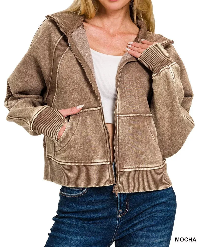 Acid Wash Zip Up Fleece Jacket