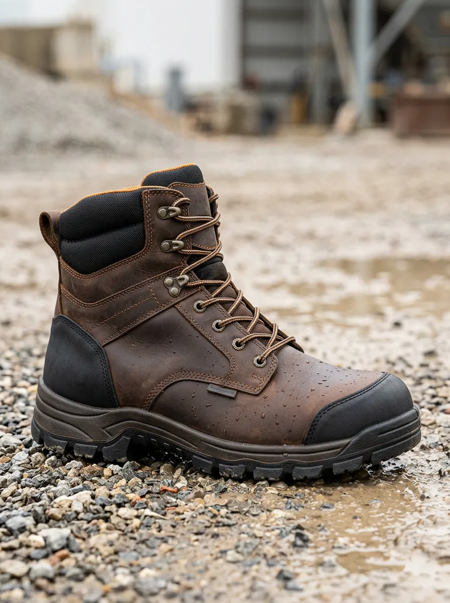 Unisex Waterproof Brown Leather Construction Printed Work Boots
