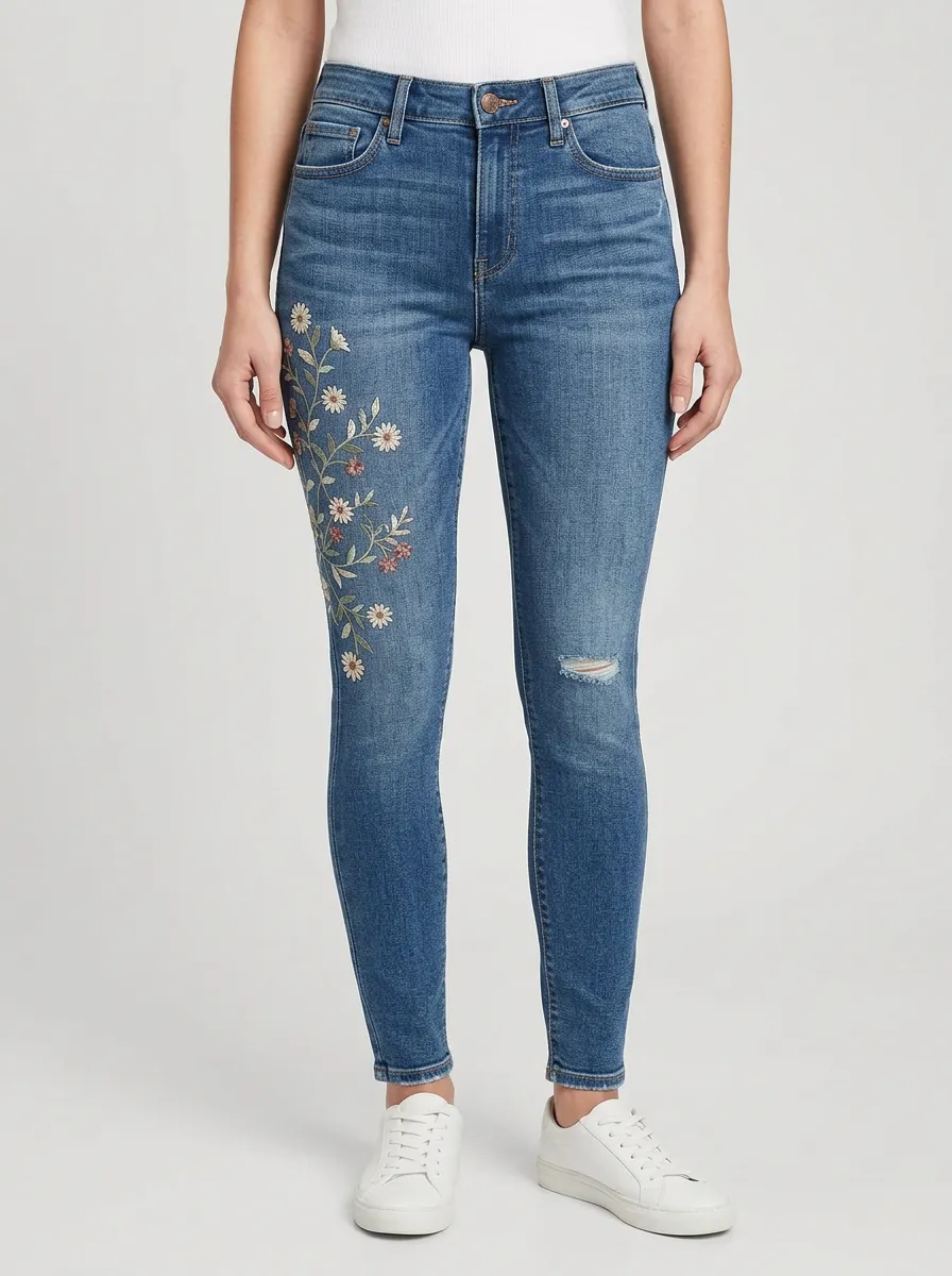 Women's Floral Daisy Embroidered Distressed Slim Jeans