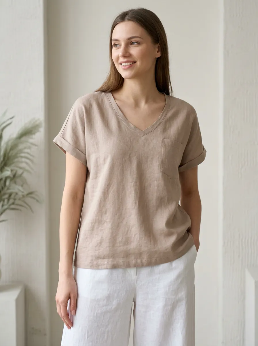 Women's Casual Minimalist Beige Linen V-Neck Pocket Top