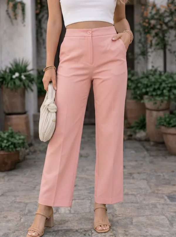 Women's Minimalist Casual Solid White Mid-Rise Straight Leg Pants