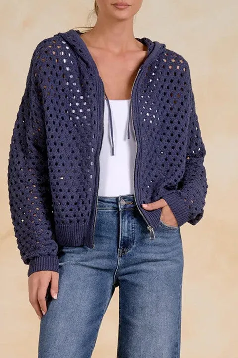 Navy Crochet Zip-Up Hooded Top
