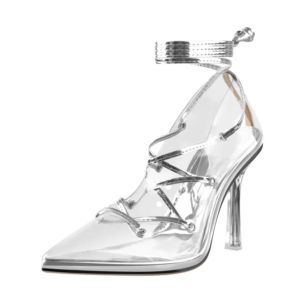 Lace Detail Pointed Toe Transparent Heel Lace Up Pumps