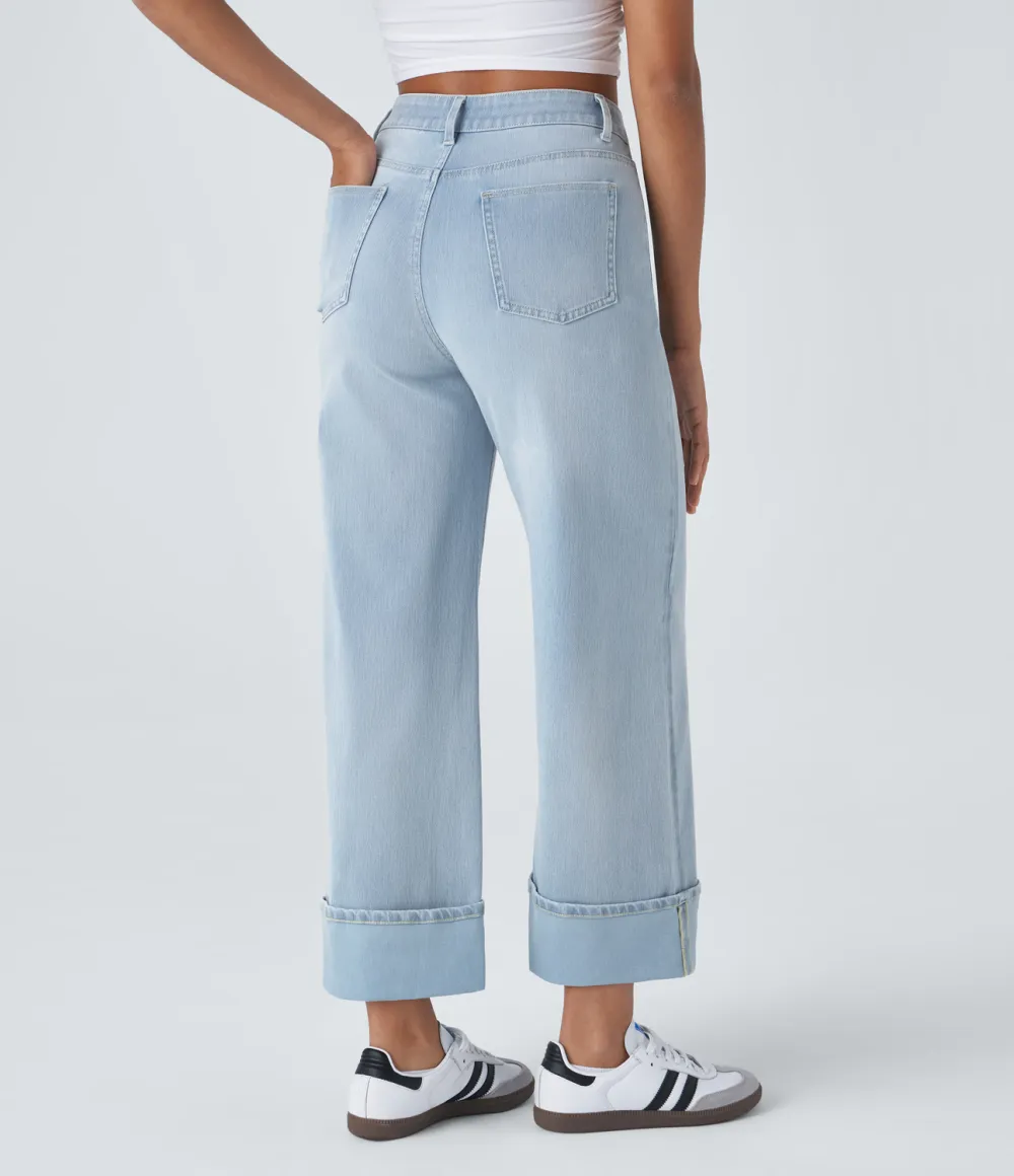 Magic High Waisted Multiple Pockets Rolled Hem Wide Leg Washed Stretchy Knit Casual Jeans