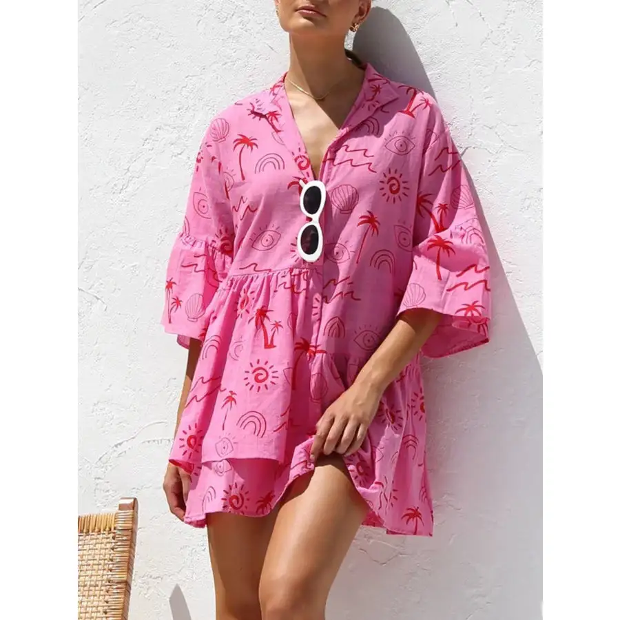 Button Detail Ruffled Hem Mini Dress