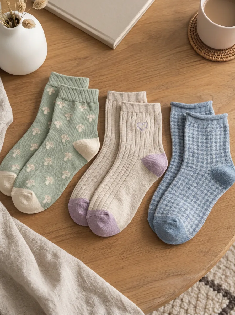 Women's Mushroom Heart Gingham Pattern Printed Socks Set