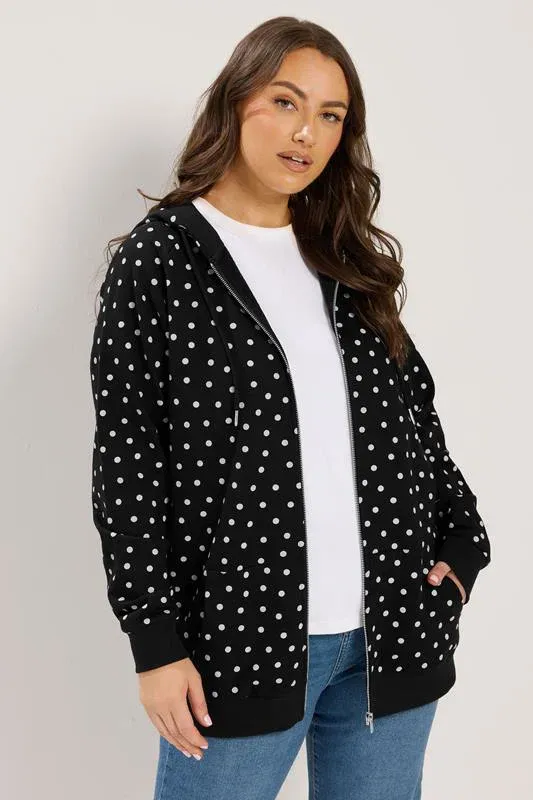 Black Polka Dot Zip Through Raglan Hoodie