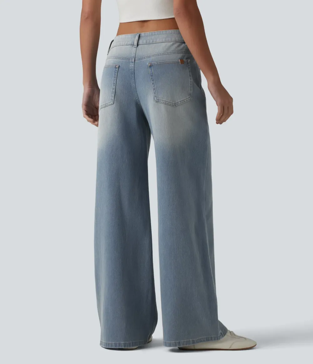2026🔥  Low-rise wide-leg asymmetric jeans with button, zip, and multiple pockets; stretch knit fabric with a washed finish.