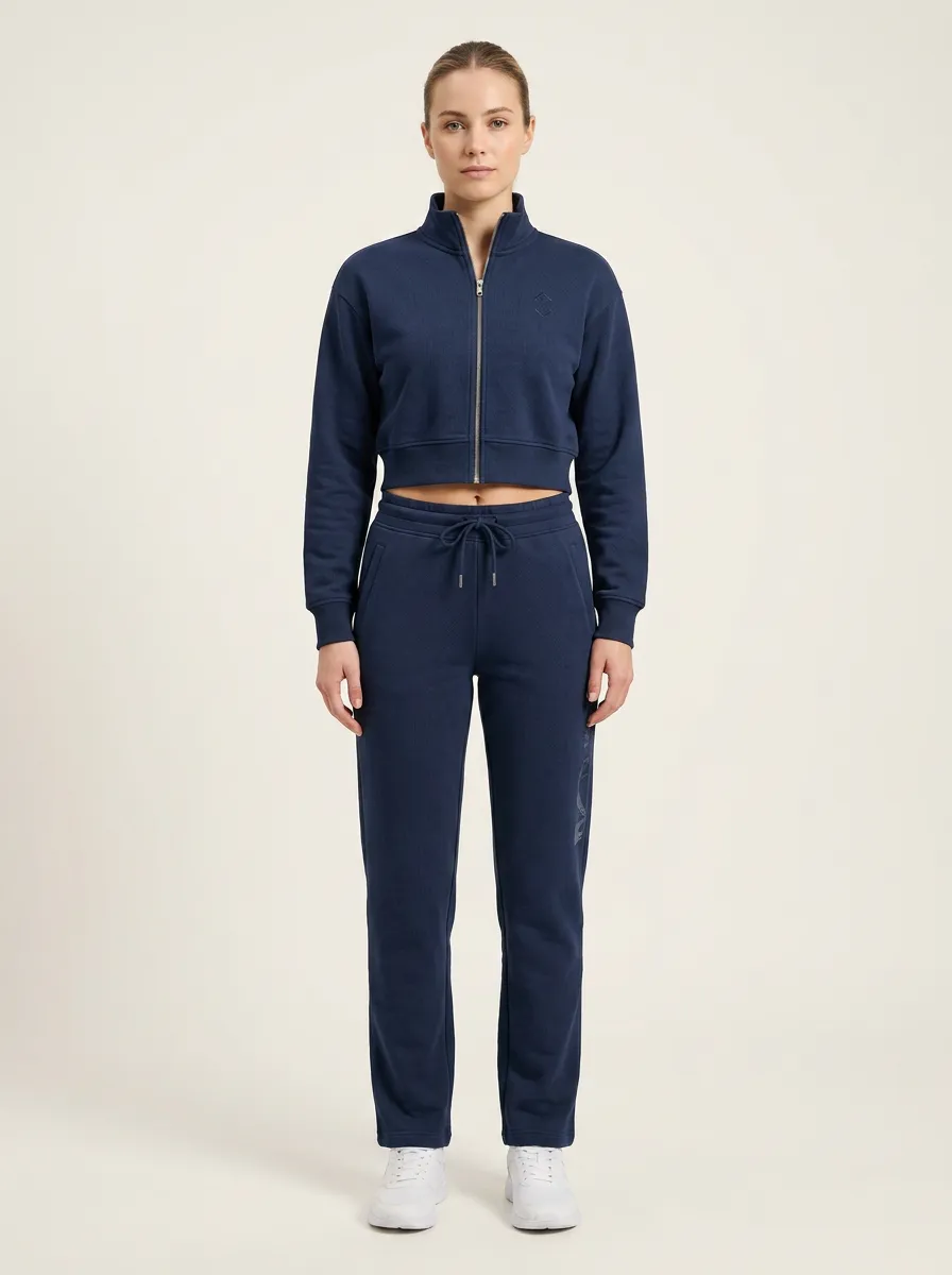 Women's Navy Blue Zip-Up Crop Sweatshirt Jogger Printed Set