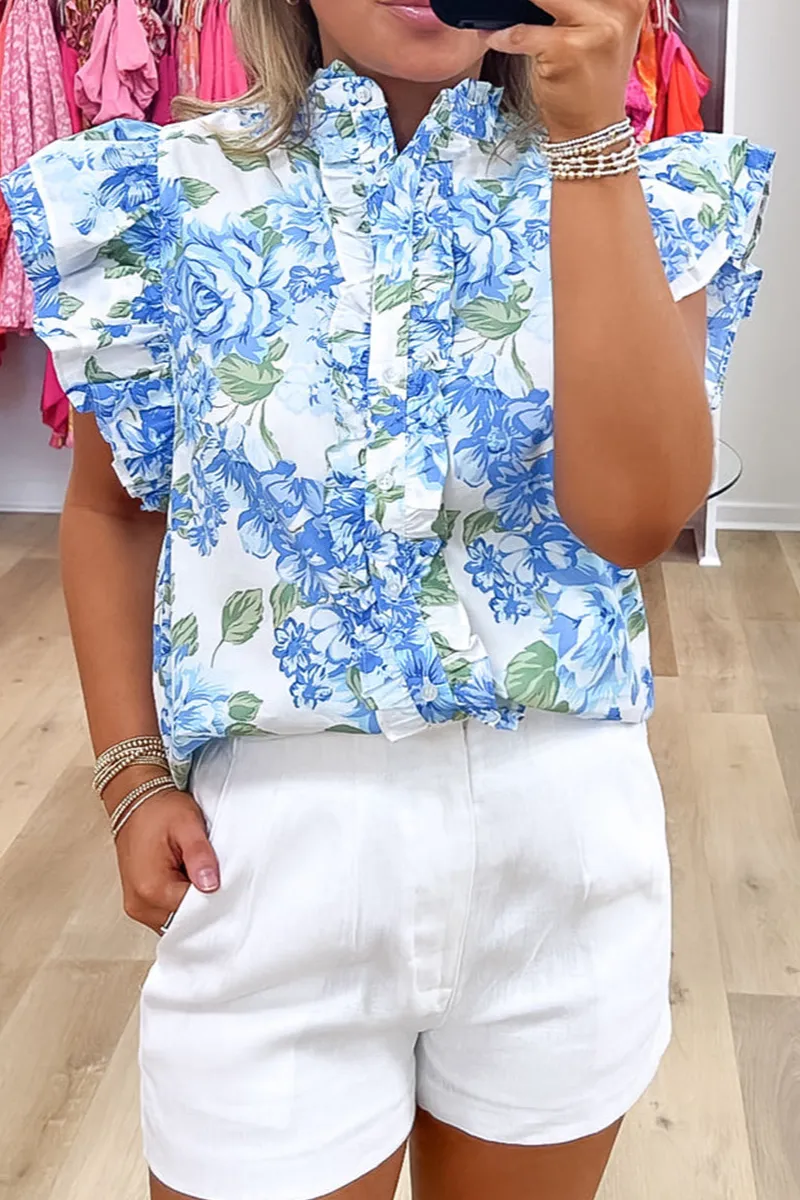 Floral Ruffled Button Front Shirt Blouse